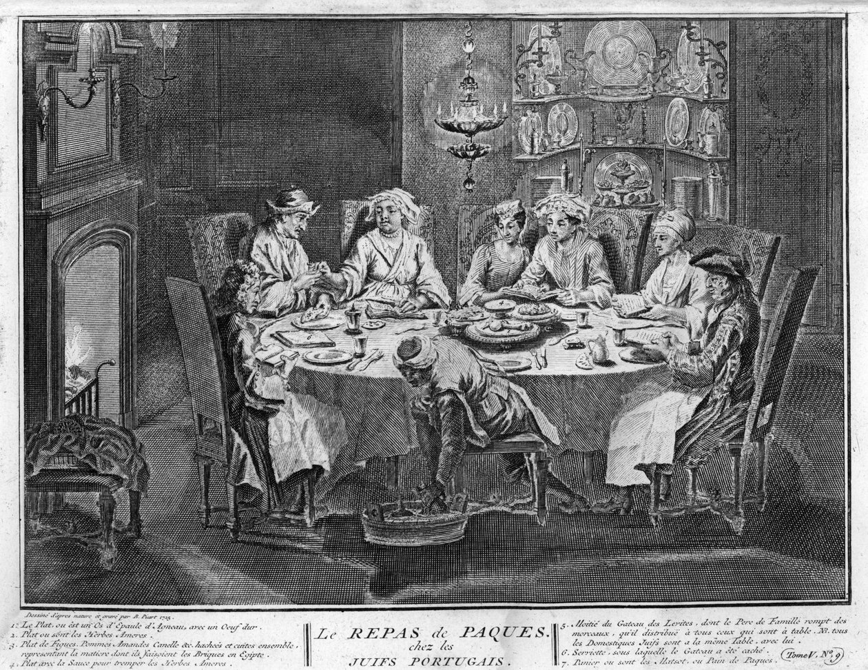 Judendom: Påskfest (eller pesach) i det judiska portugisiska samhället Gravyr från "" Illustration de ceremonies et customs religieuses de tous les peuples du monde"" av Bernard Picart (1723-1743) 1819 Privat samling av Bernard Picart