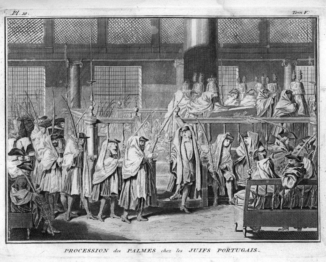 Judendom: Procession av palmerna firas i det judiska portugisiska samfundet Gravyr från "" Illustration de ceremonies et customs religieuses de tous les peuples du monde"" av Bernard Picart (1723-1743) 1819 Privat samling av Bernard Picart