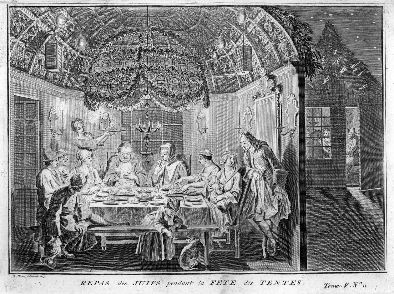 Judendom: måltid för det judiska folket under sukkot (sukkot eller sukkos) fest för tabernaklena eller båsen) Gravyr från "" Illustration de ceremonies et customs religieuses de tous les peuples du monde" av Bernard Picart (1723-1743) 1819 Privat samling av Bernard Picart