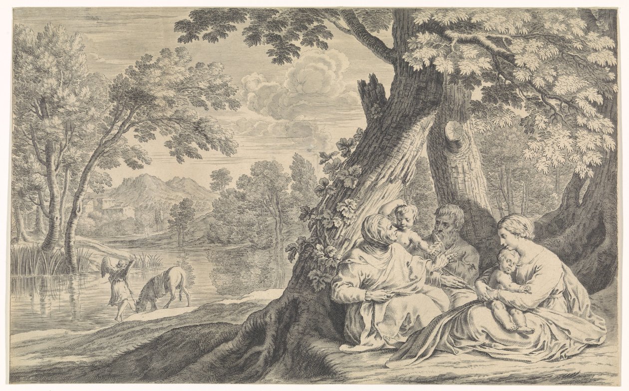 Landskap med den heliga familjen, tillsammans med Elizabeth och Johannes Döparen av Bernard Picart