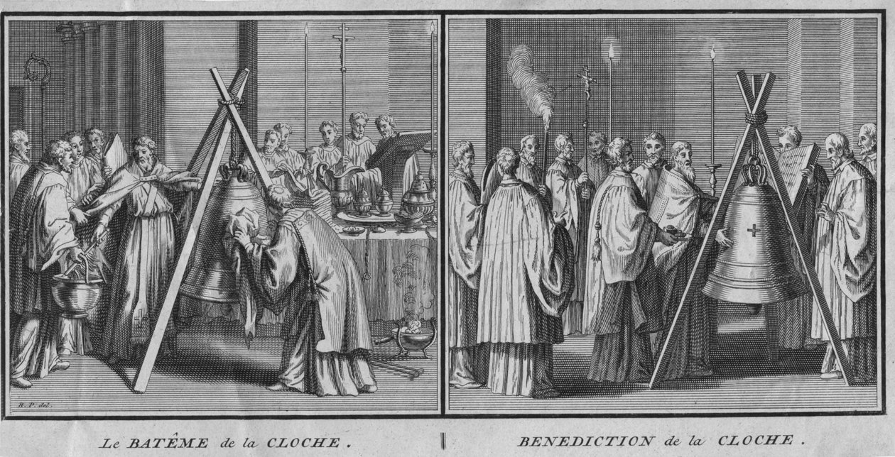 The Baptism of the Bell och Benediction of the Bell, 1724. av Bernard Picart
