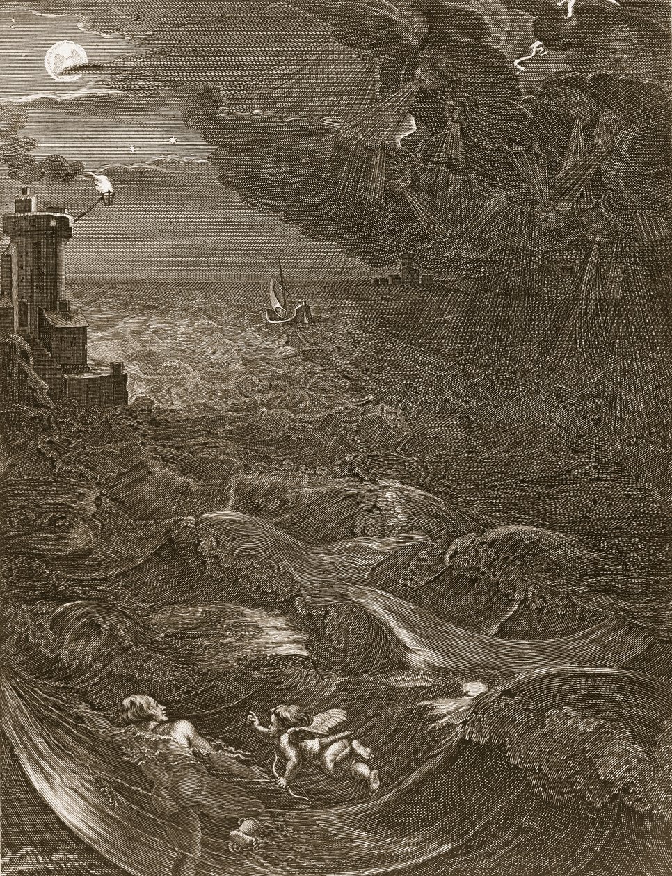 Leander simmar över Hellesponten för att träffa sin älskarinna hjälte, 1730 av Bernard Picart