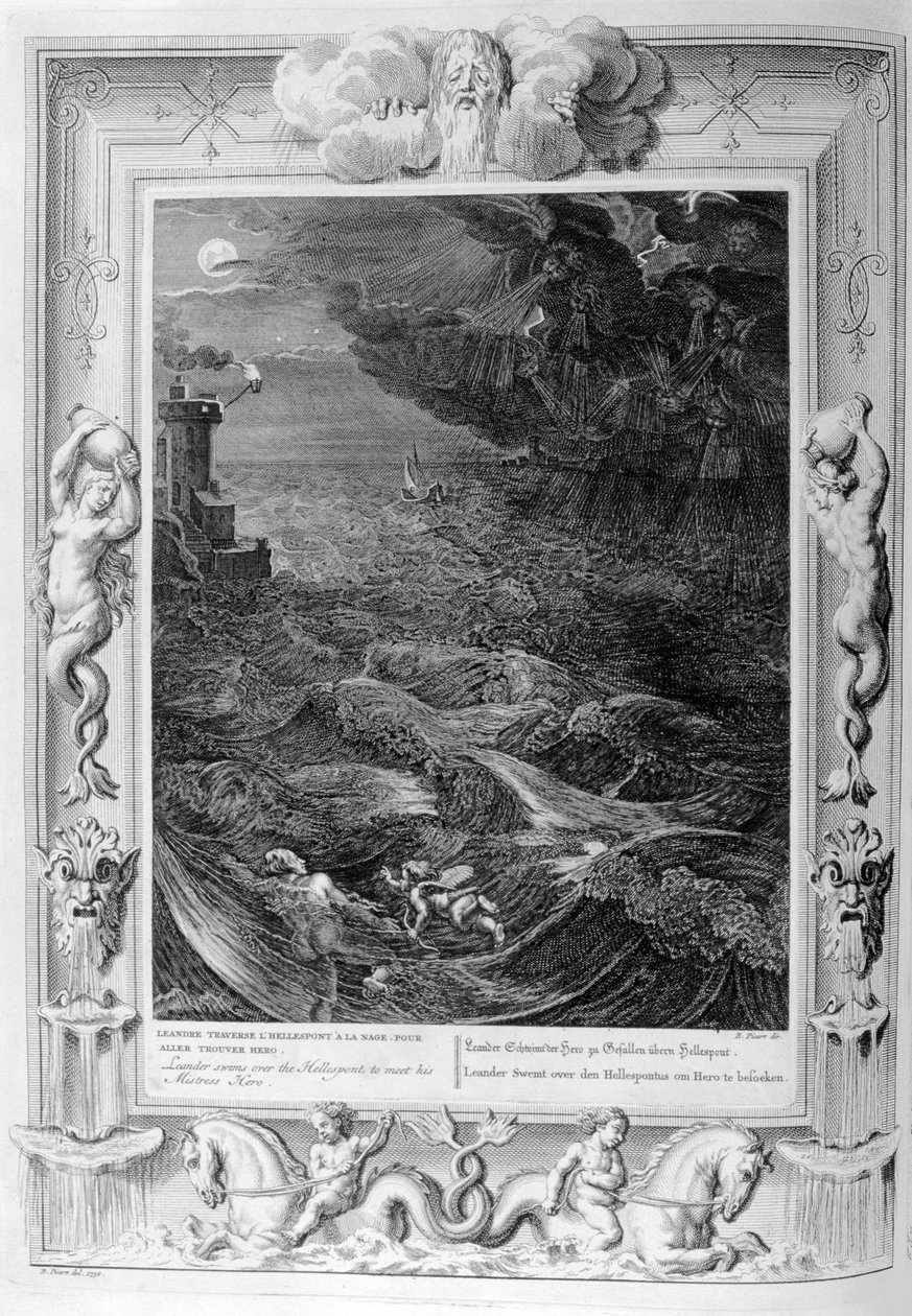 Leander simmar över Hellesponten för att träffa sin älskarinna hjälte, 1733 av Bernard Picart