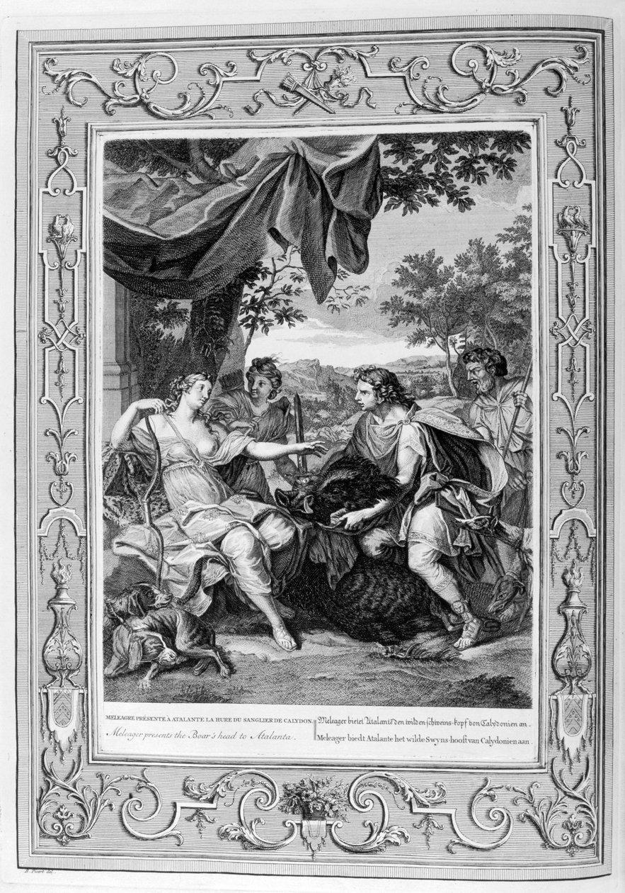 Meleager presenterar galthuvudet till Atalanta, 1733 av Bernard Picart