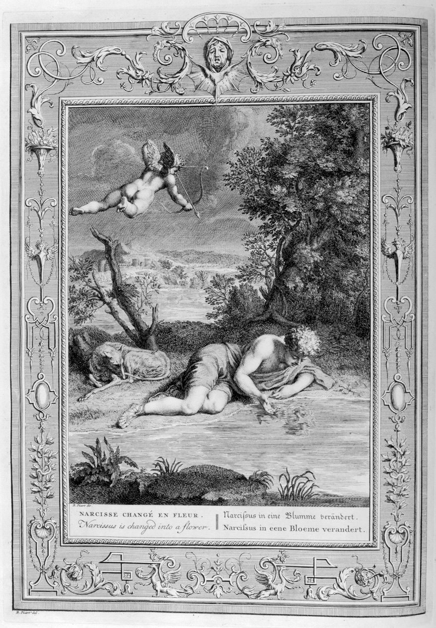 Narcissus förälskad i sin egen reflektion, 1733 av Bernard Picart
