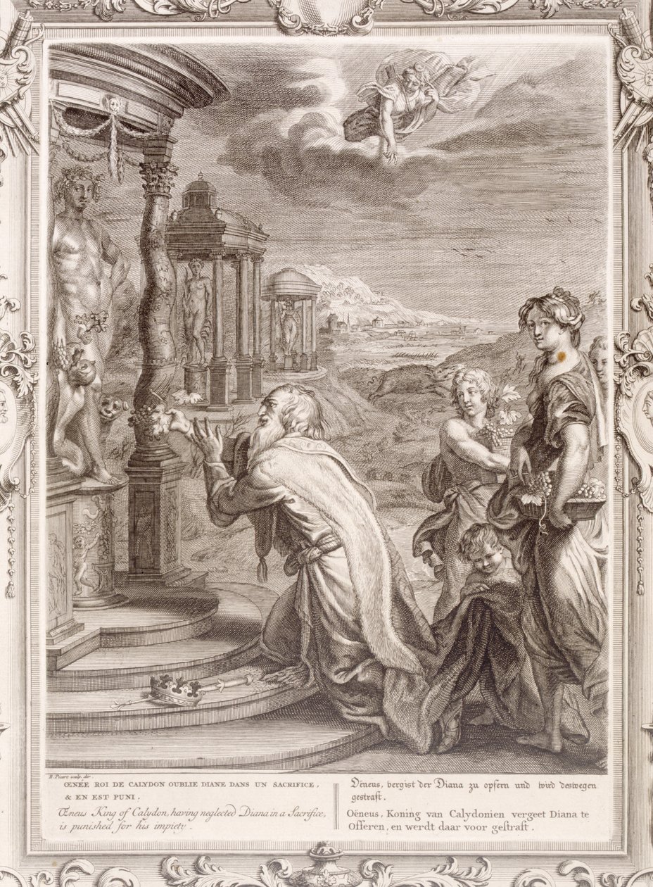 Oeneus, kung av Calydon, som har försummat Diana i ett offer straffas för sin ogudaktighet, 1731 av Bernard Picart