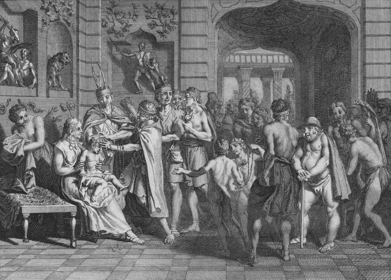 Håret är klippt och LYncas söner får ett namn, 1723. av Bernard Picart