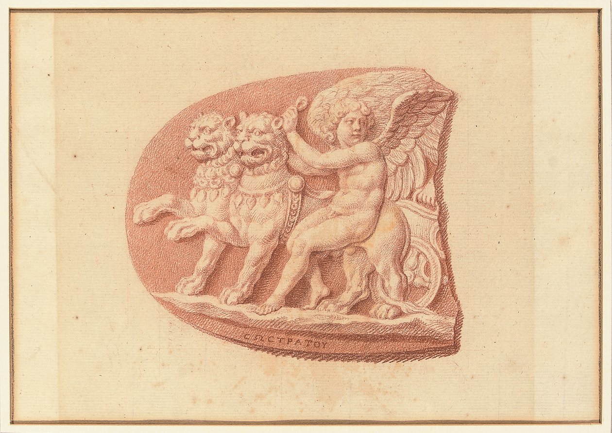 En av fyra studier efter cameos, tre med klassiska profilporträtt och en med en fragmentarisk relief av Amor och två lejon som ritar en vagn (röd krita på papper) av Bernard Picart