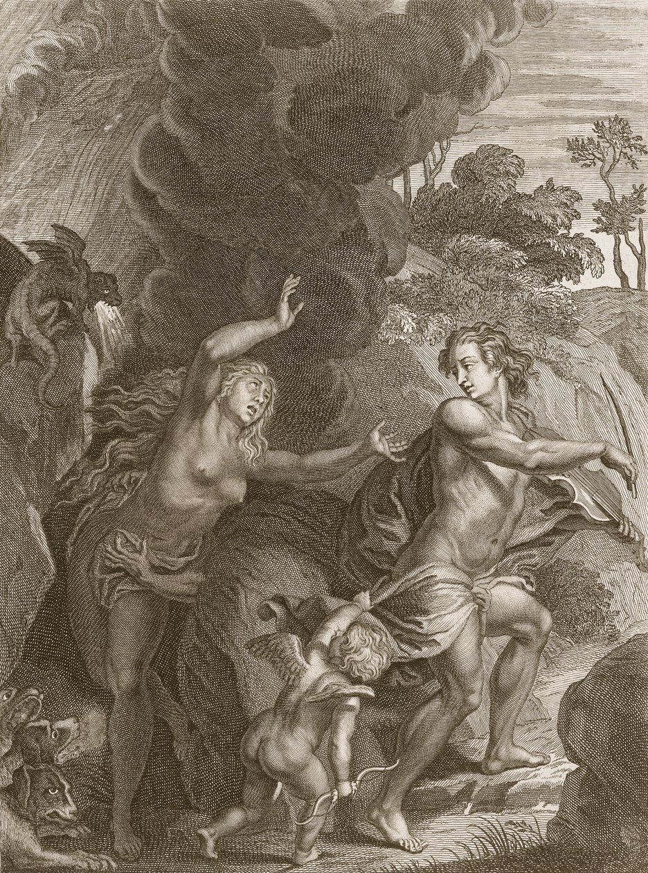 Orfeus, som leder Eurydike ut ur helvetet, ser tillbaka på henne och förlorar henne för alltid, 1731 av Bernard Picart