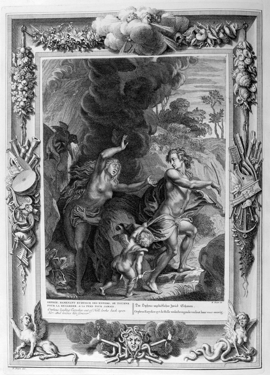 Orfeus, som leder Eurydike ut ur helvetet, ser tillbaka på henne och förlorar henne för alltid, 1733 av Bernard Picart
