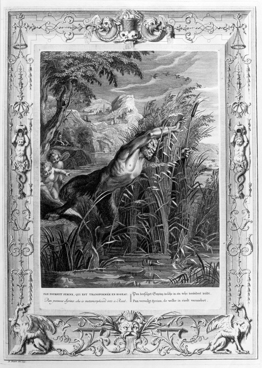 Pan förföljer Syrinx som förvandlas till en vass, 1733 av Bernard Picart