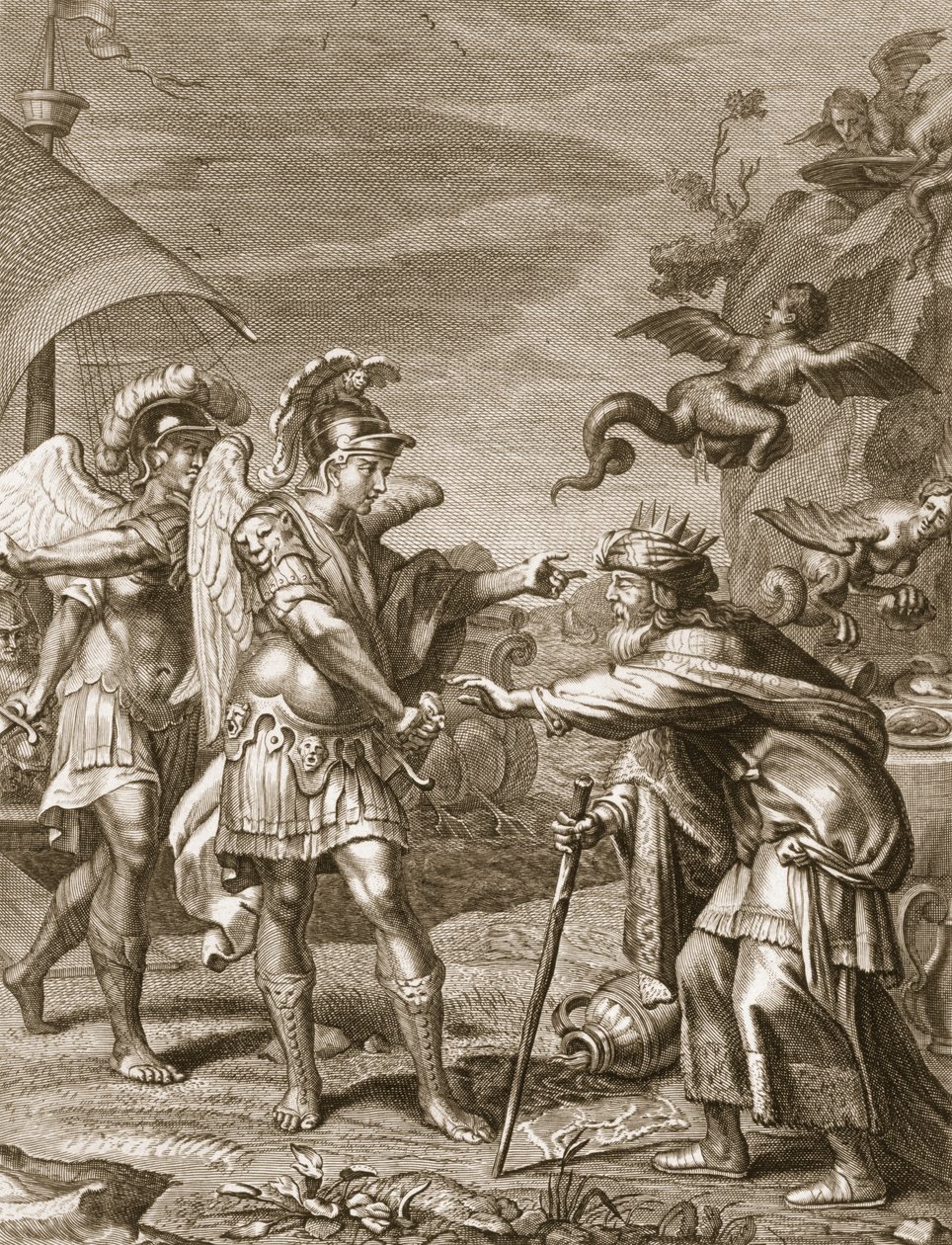 Phineus levereras från harpierna av Calais och Zethes, 1731 av Bernard Picart