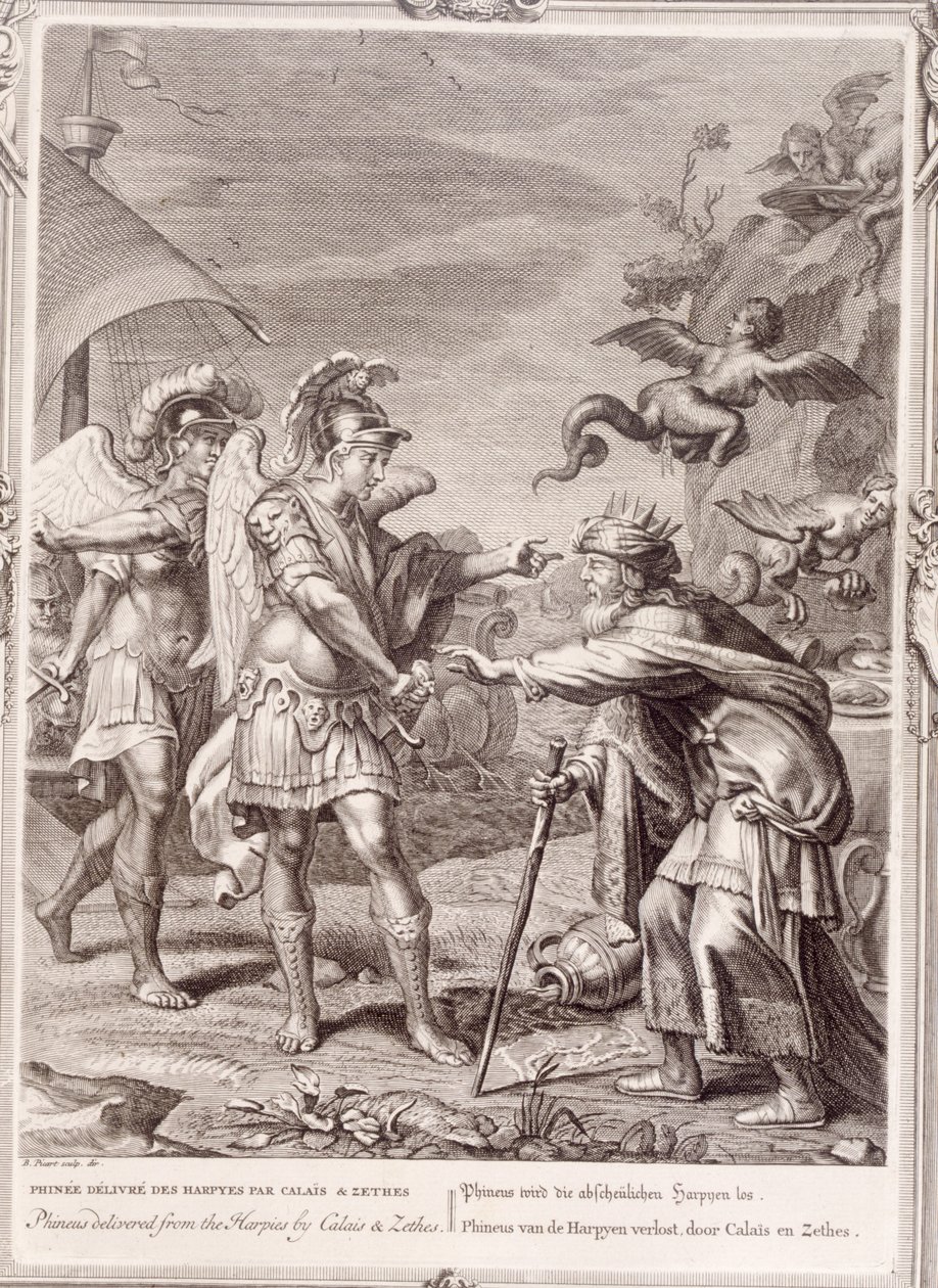 Phineus befrias från Harpies av Calais och Zethes, 1731 av Bernard Picart