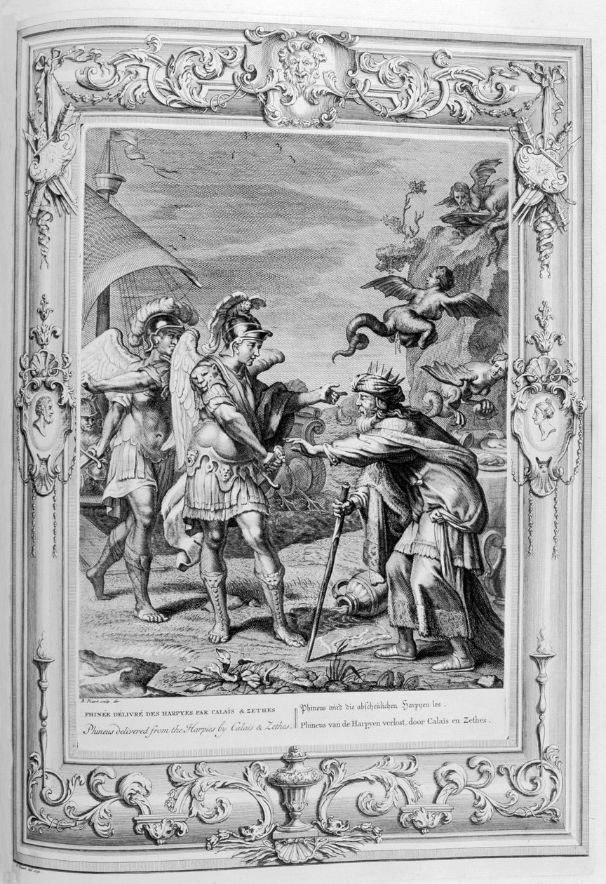 Phineus levereras från harpierna av Calais och Zethes, 1733 av Bernard Picart
