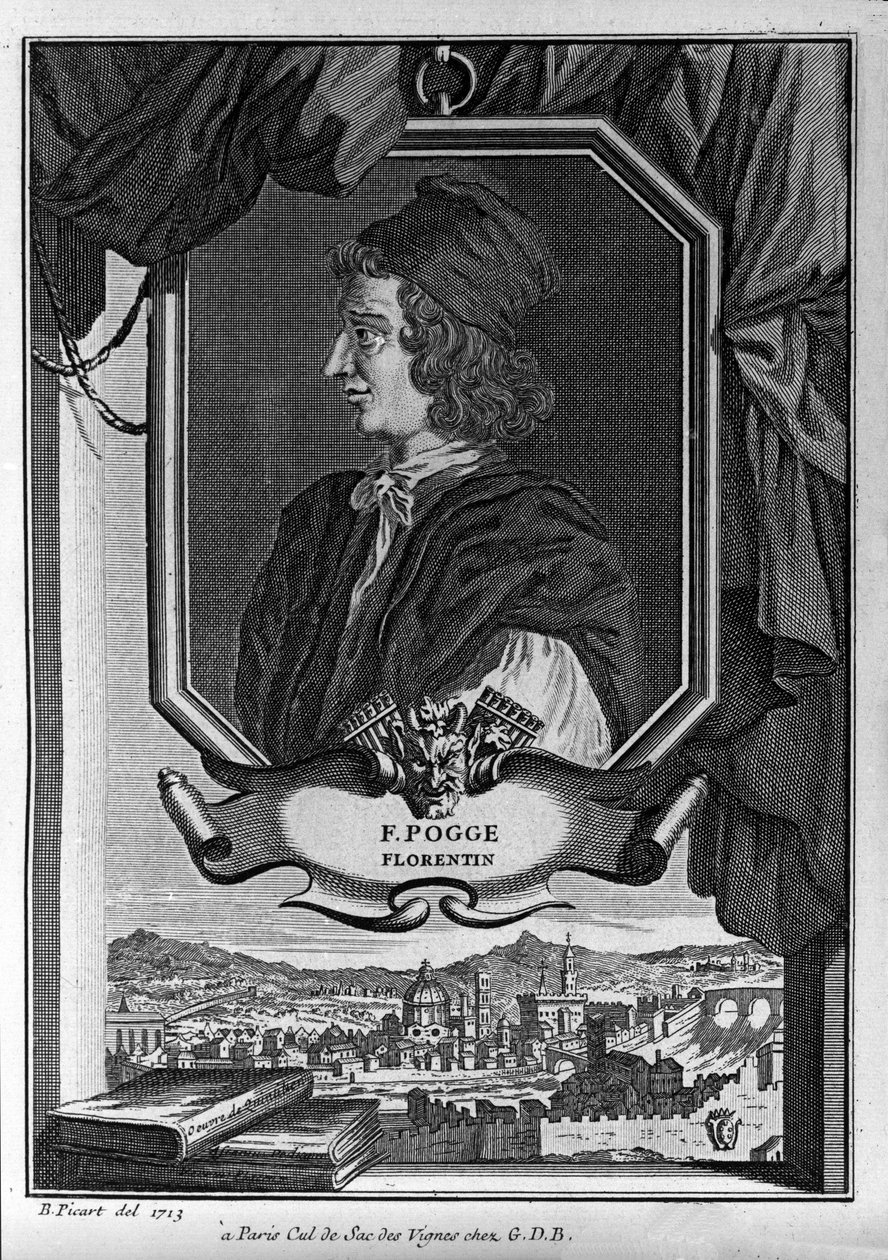 Porträtt av Giovanni Francesco Poggio Bracciolini, känd som Le Pogge ou Le Pogge Florentin (1380-1459), italiensk humanist, gravyr av Bernard Picart, Paris av Bernard Picart