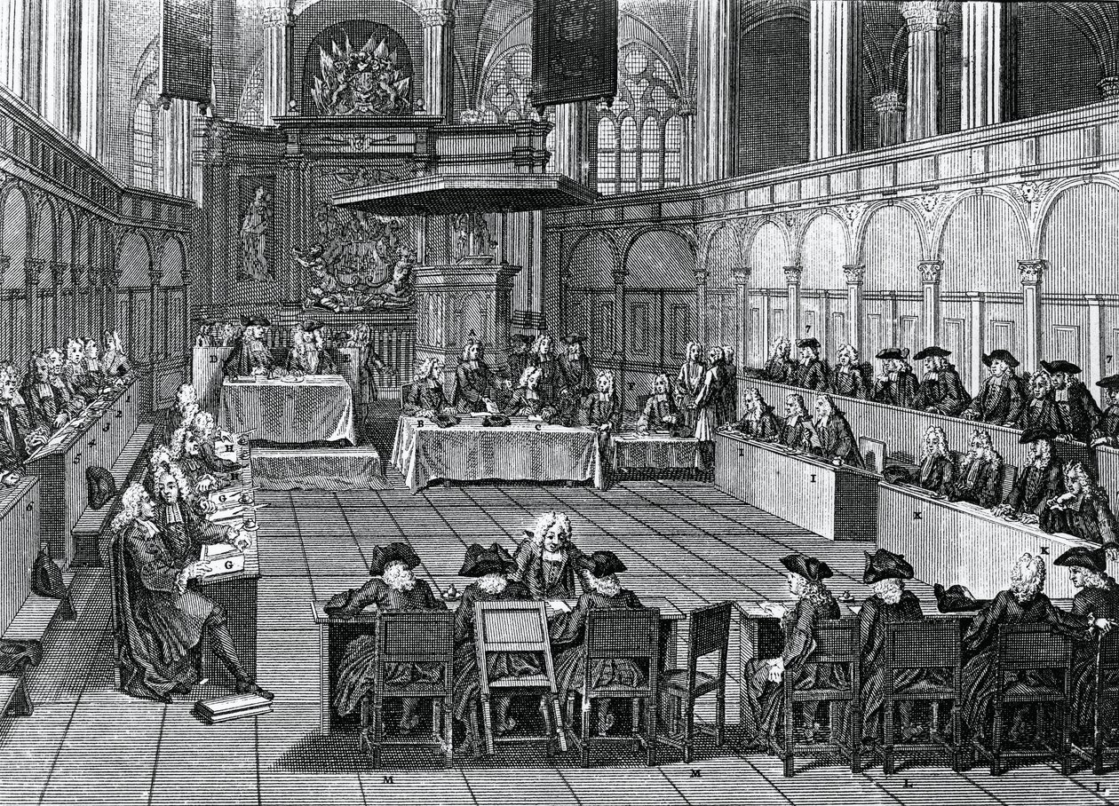 Protestantisk synod hölls 1730 i Nieuwe Kerk (Nya kyrkan) i Amsterdam, Nederländerna, gravyr av Bernard Picart (1673-1733) av Bernard Picart