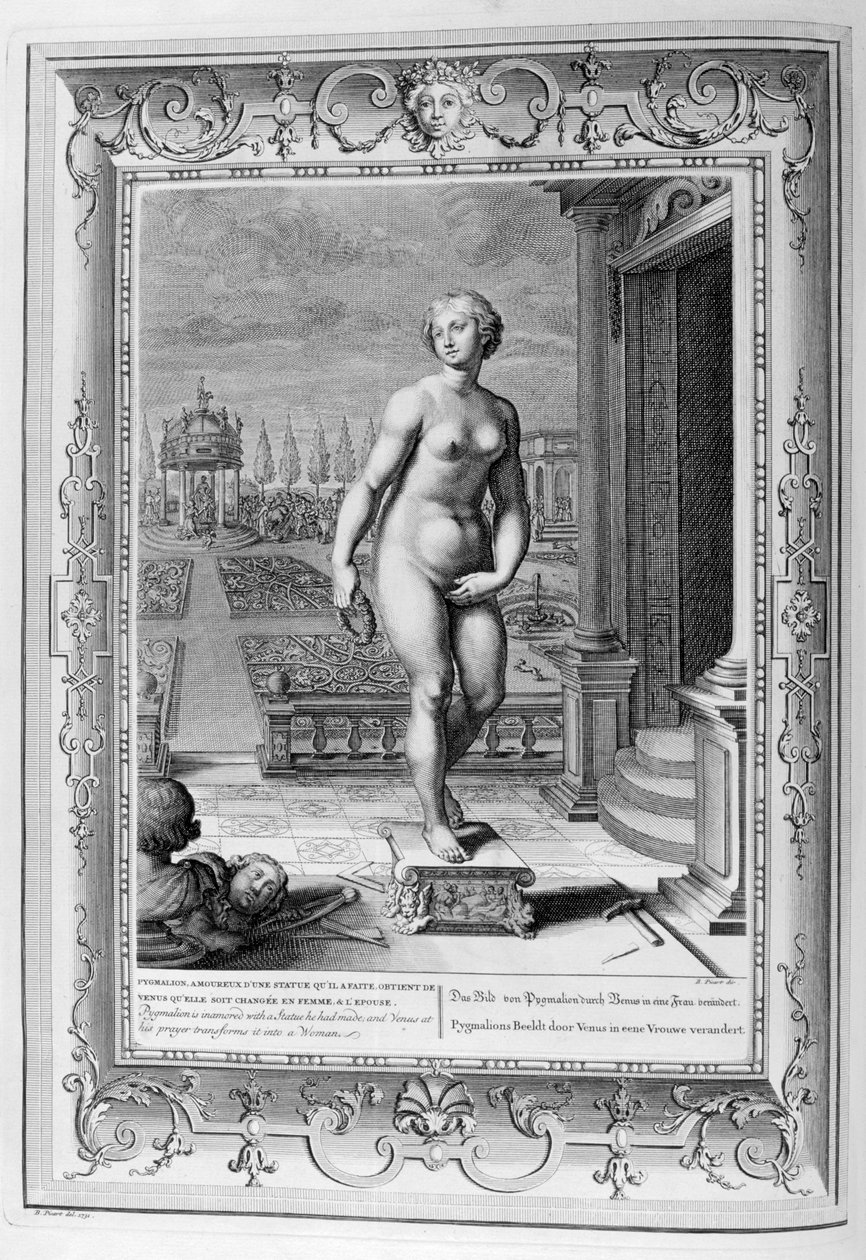 Pygmalion är förälskad i en staty han har gjort, 1733. av Bernard Picart