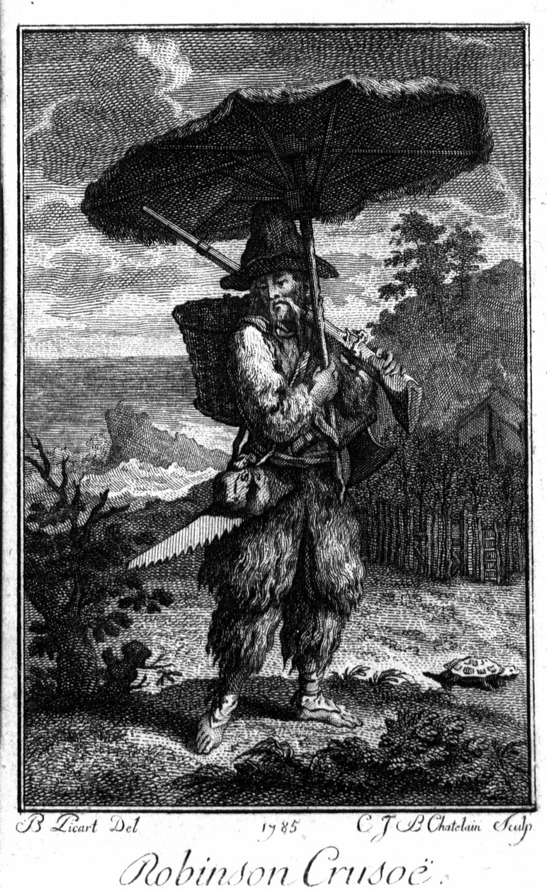 Representation av Robinson Crusoe på hans ööken. Gravyr av Bernard Picart (1673-1733) som illustrerar romanen av Daniel Defoe eller De Foe (1660-1731) av Bernard Picart