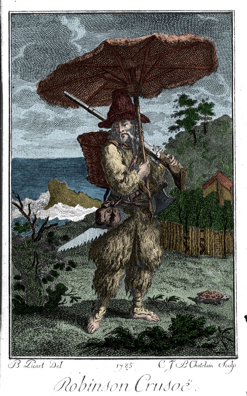 Representation av Robinson Crusoe på hans ööken. Gravyr av Bernard Picart (1673-1733) som illustrerar romanen av Daniel Defoe eller De Foe (1660-1731) av Bernard Picart