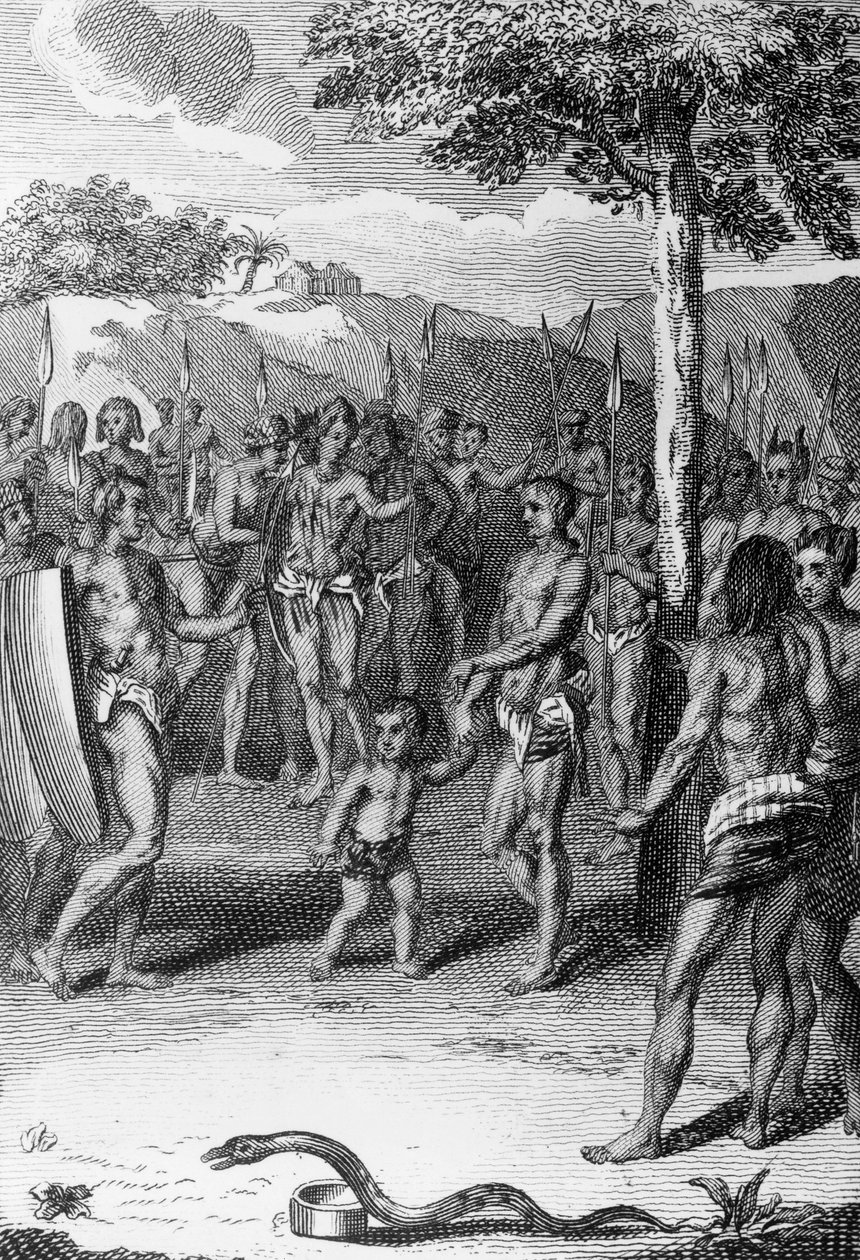 Rituell ceremoni, med orm i förgrunden, Guinea, från Histoire Generale des Ceremonies, moeurs, et coutumes religiousness de tous les peoples du monde, av Antoine Banier (1673-1741) och Jean Baptiste Le Mascrier (1697-1760) av Bernard Picart