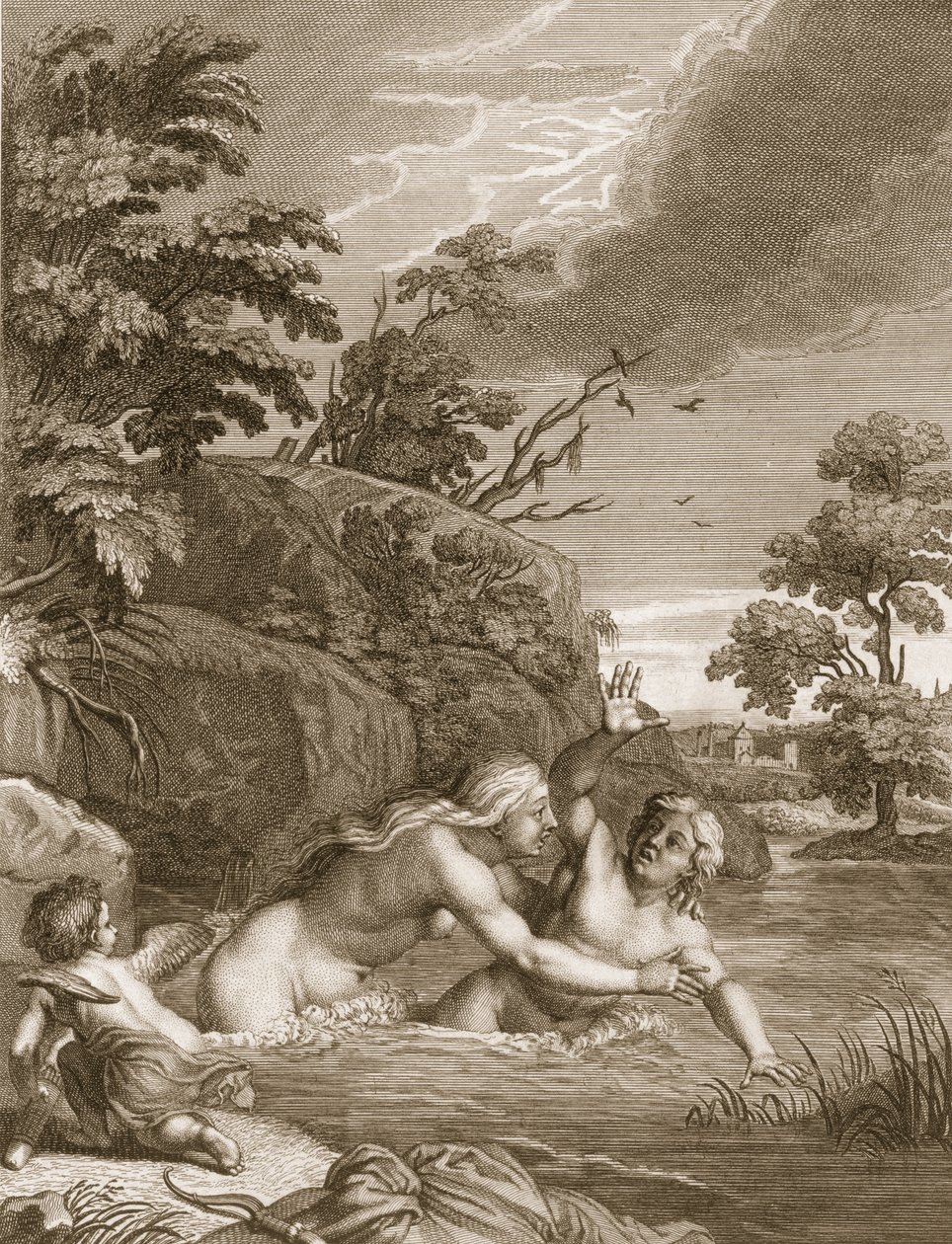 Salmacis och Hemaphroditus förenade i en kropp, 1731 av Bernard Picart