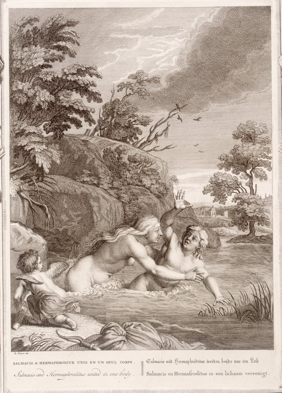 Salmacis och Hemaphroditus förenade i en kropp, 1731 av Bernard Picart