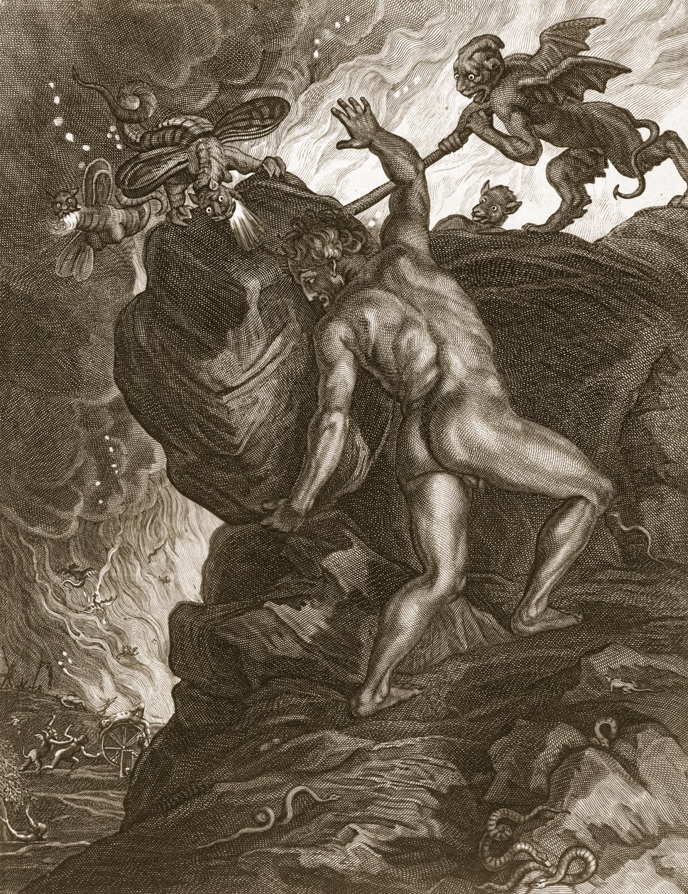 Sisyfos trycker sin sten uppför ett berg, 1731 av Bernard Picart