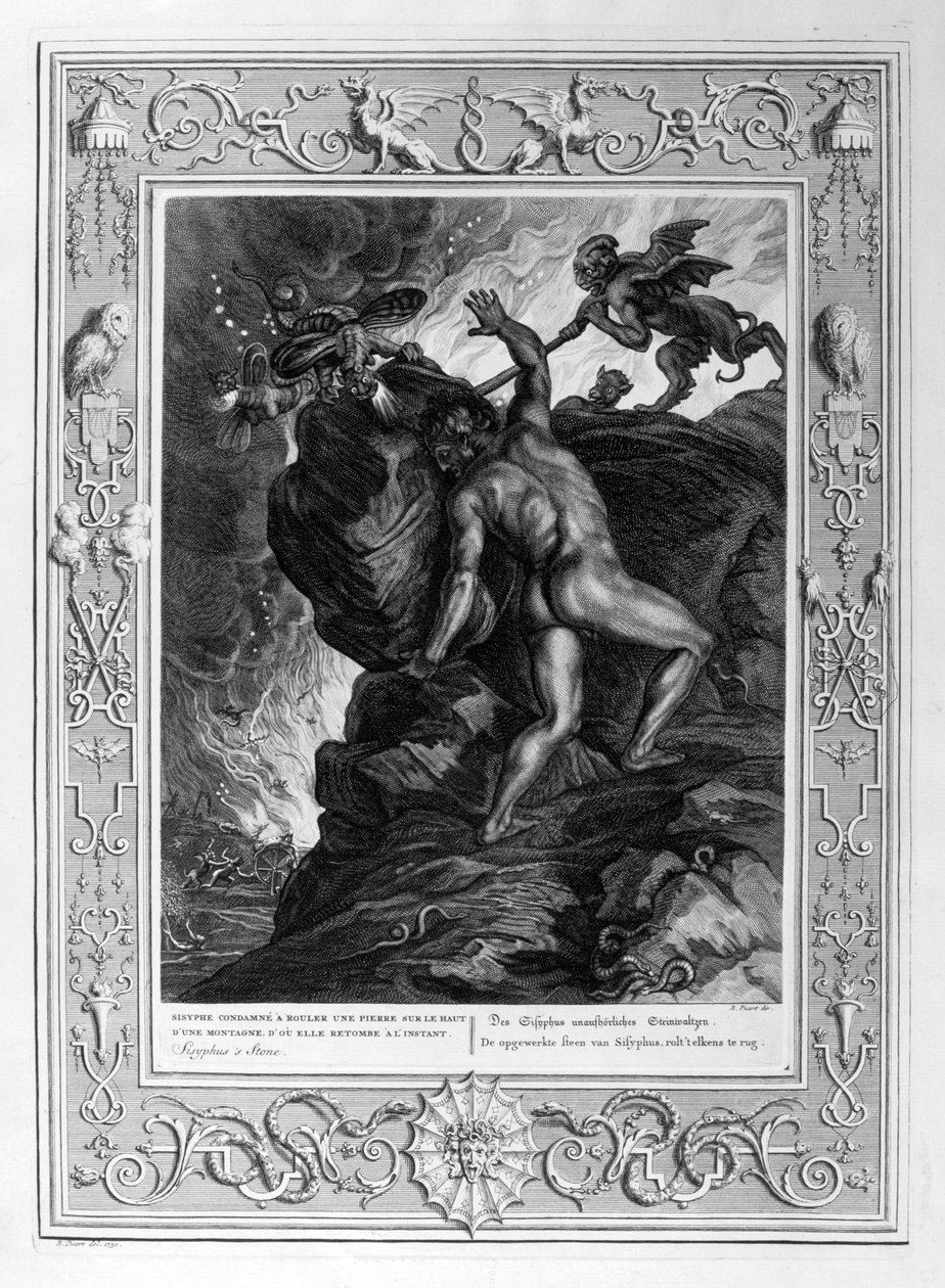 Sisyfos trycker sin sten uppför ett berg, 1733 av Bernard Picart