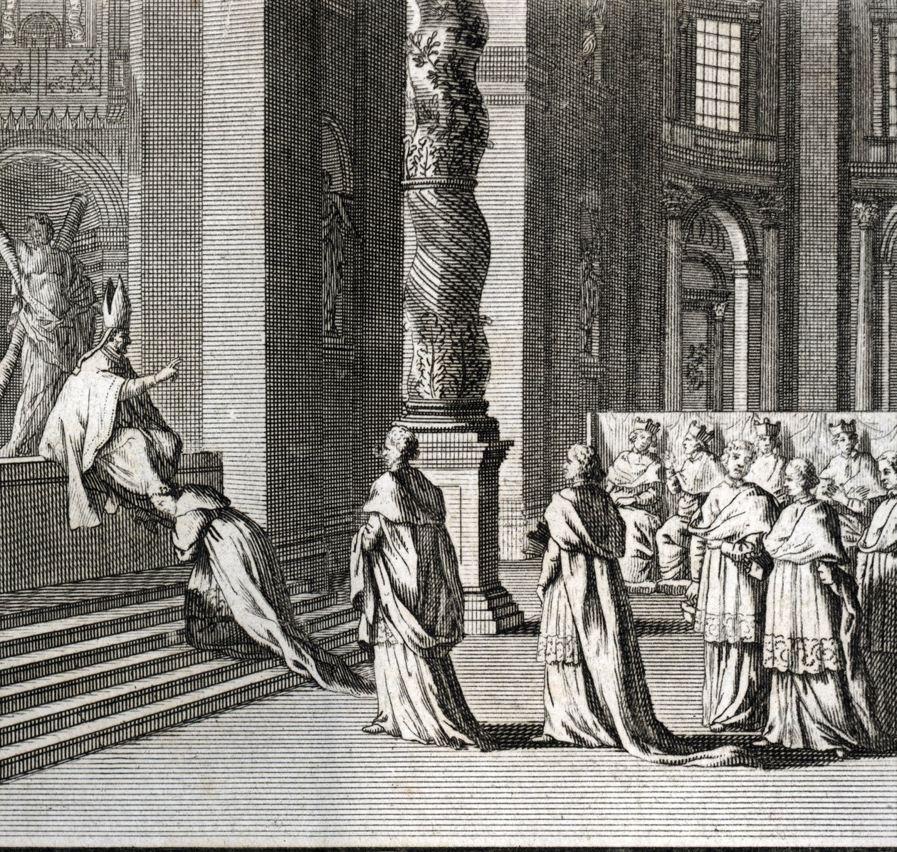 Högtidlig invigning av påven "" Tillbedjan av påven på St. Peters stora altar, Vatikanen"" (påvlig invigning: dyrkan av påven över St Peters stora altare) Gravyr från "" Illustration av religiösa ceremonier och seder av a av Bernard Picart