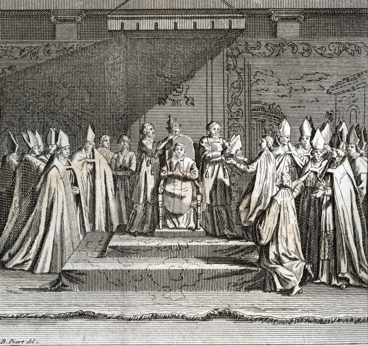 Högtidlig invigning av pontificatet "" Representation du coronation du pope"" (påvlig invigning: påvens kröning) Gravyr från "" Illustration av ceremonier och religiösa seder hos alla världens folk"" av Bernard Picart (1723-1743) av Bernard Picart