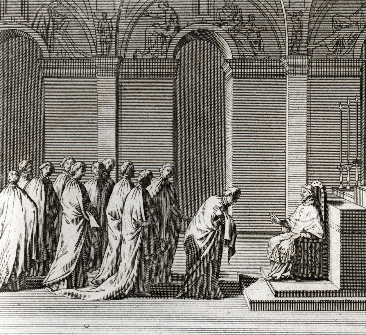 Högtidlig invigning av påven: "" Tillbedjan av påven i Sixtinska kapellet"" (Påvlig invigning: Tillbedjan av påven i Sixtinska kapellet) Gravyr från "" Illustration av ceremonier och religiösa seder hos alla världens folk"" av Bernard Picart