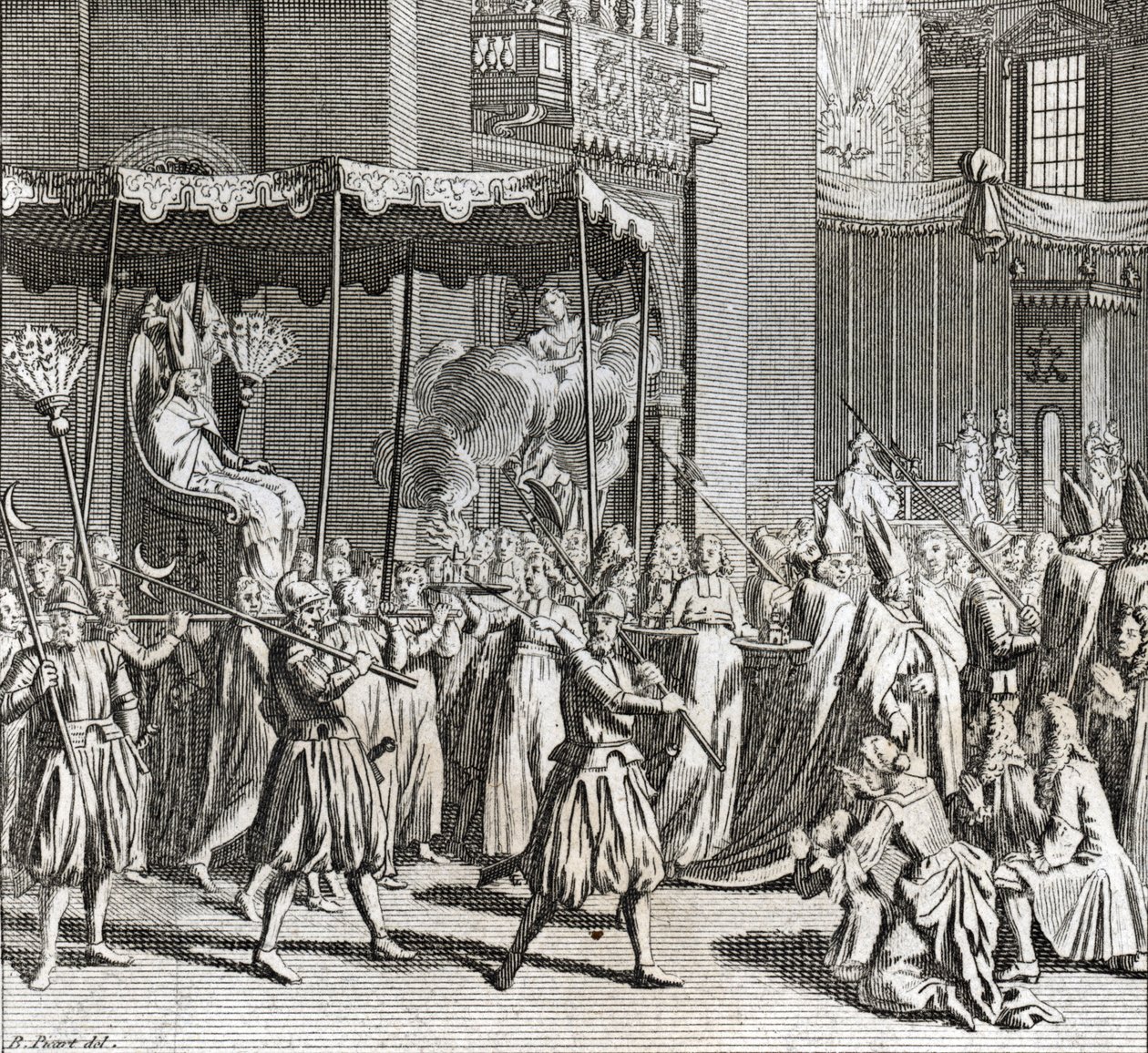 Högtidlig invigning av pontificatet: bränning av ett tyg) Gravyr från "Illustration de ceremonies et customs religieuses de tous les peuples du monde" av Bernard Picart (1723-1743) 1819 Privat samling av Bernard Picart