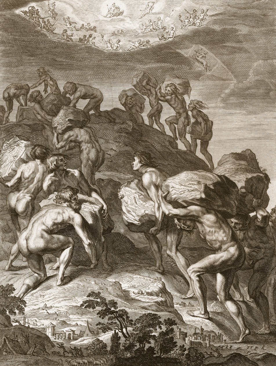 Jättarna försöker skala himlen genom att stapla berg på en annan, 1731 av Bernard Picart