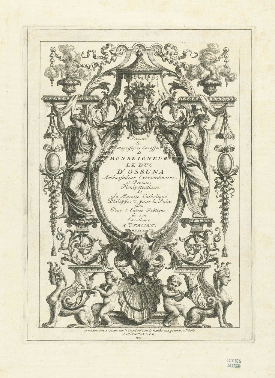 Titelblad till serien av planscher över hertigen av Osunas statsvagn, 1713 av Bernard Picart