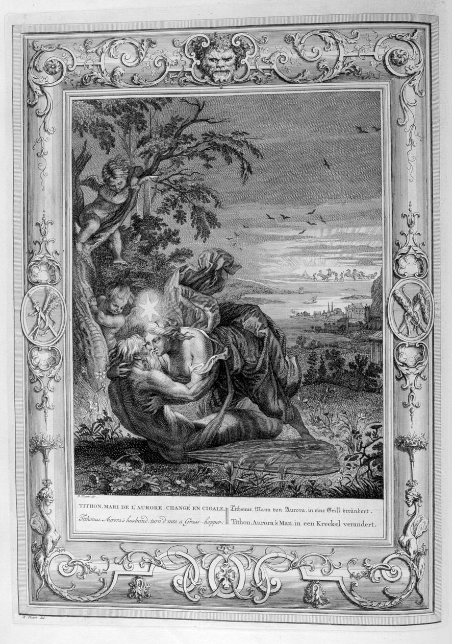 Tithonus, Auroras make, förvandlad till en gräshoppa, 1733 av Bernard Picart