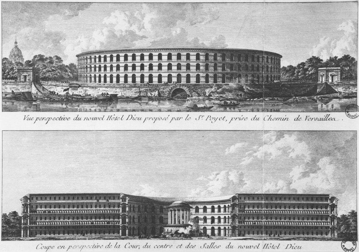 Projekt för överföring av ett nytt Hotel-Dieu på Ile aux Cygnes, Paris, ca 1787 (bw foto) av Bernard Poyet