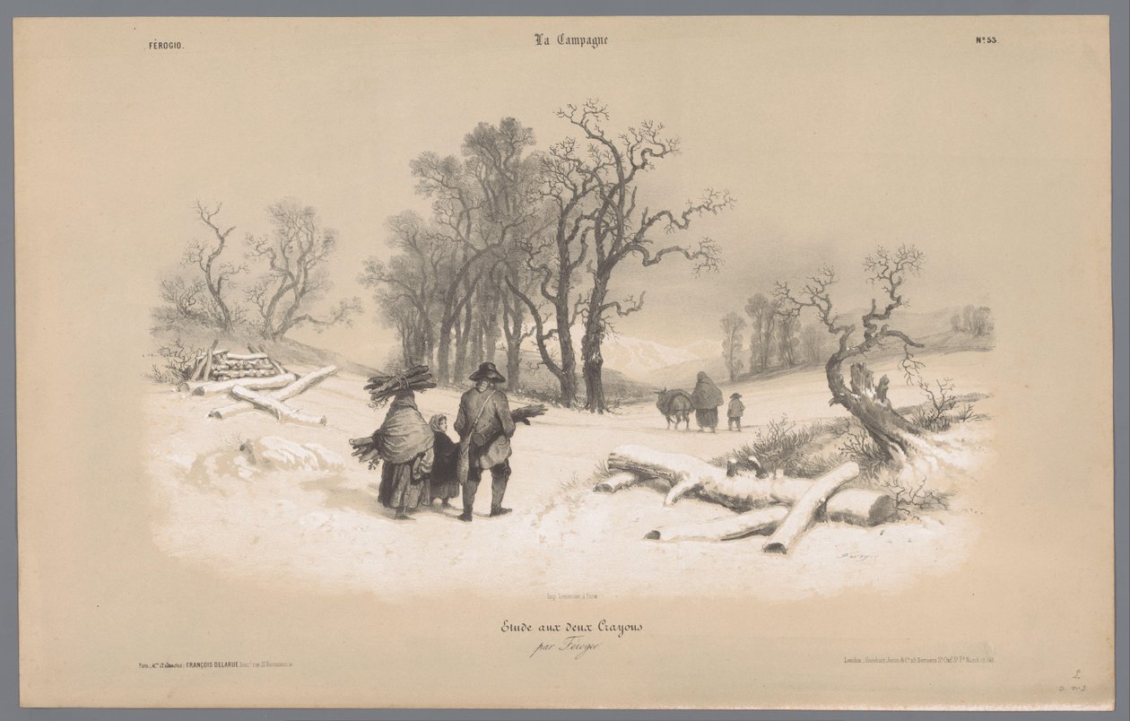 Familjen samlar ved i snön Skildringer av livet på landsbygden (serietitel) La kampanj. Etudes varieés aux deux Crayons (serietitel på objekt) av Bernard Romain Julien