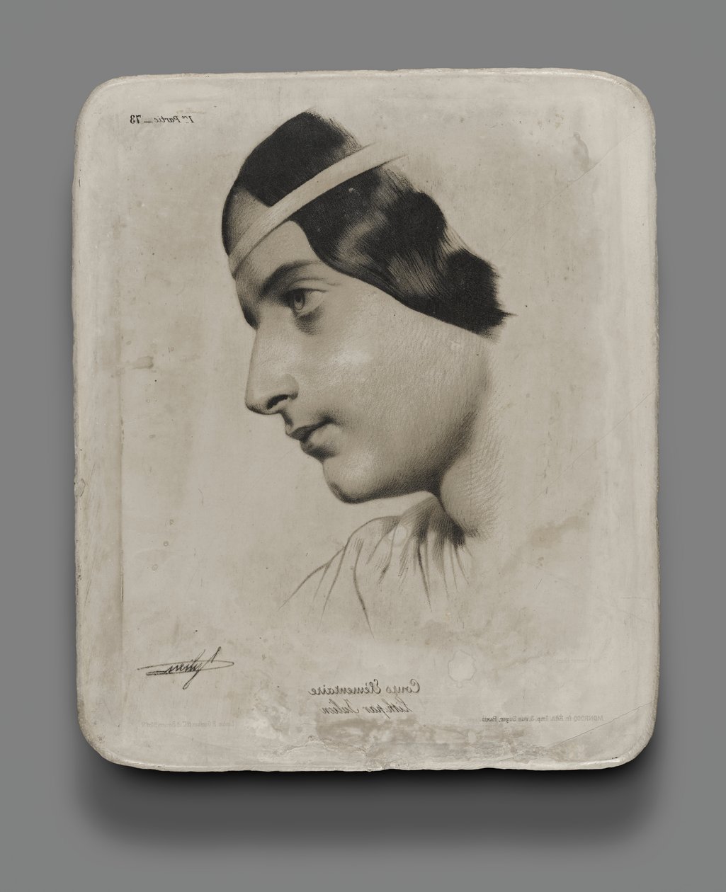 Litografisk sten för Head of a Woman för en modellbok av Bernard Romain Julien