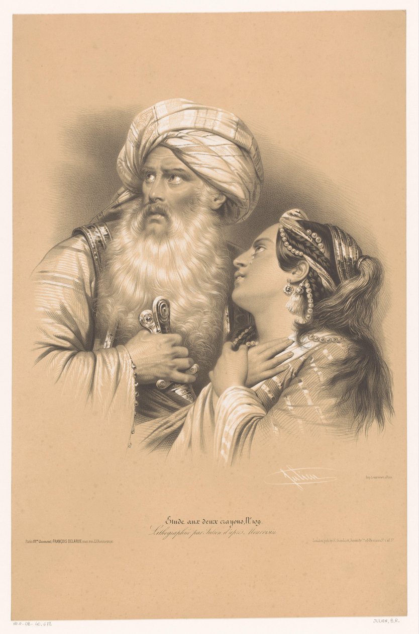 Man med turban och gråtande kvinna Studier i två typer av krita (serietitel) Etude aux deux Crayons (serietitel på objekt) av Bernard Romain Julien