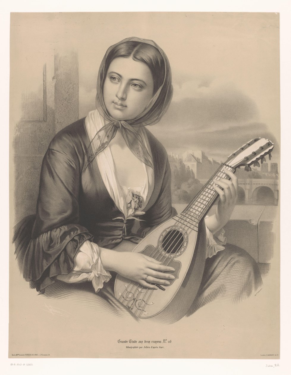 Kvinna som spelar en mandolin Stora studier i två typer av krita (serietitel) Grande étude aux deux kritor (serietitel på objekt) av Bernard Romain Julien
