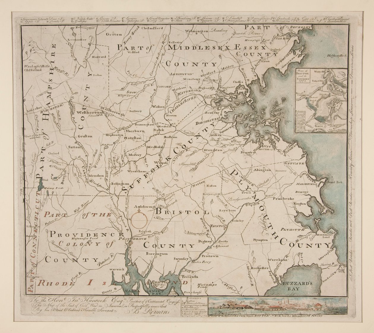 Karta över Boston och omgivningar, ca. 1775 av Bernard Romans