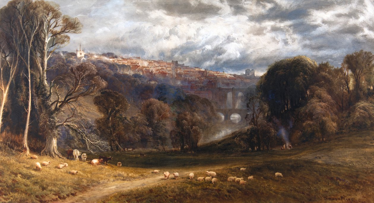 En vy över Knaresborough (akvarell och tusch) av Bernard Walter Evans