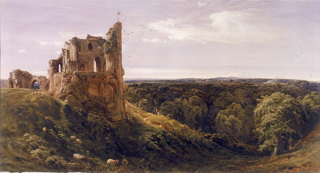 Förstört slott i ett landskap (Knaresborough Castle) (Akvarell på papper) av Bernard Walter Evans