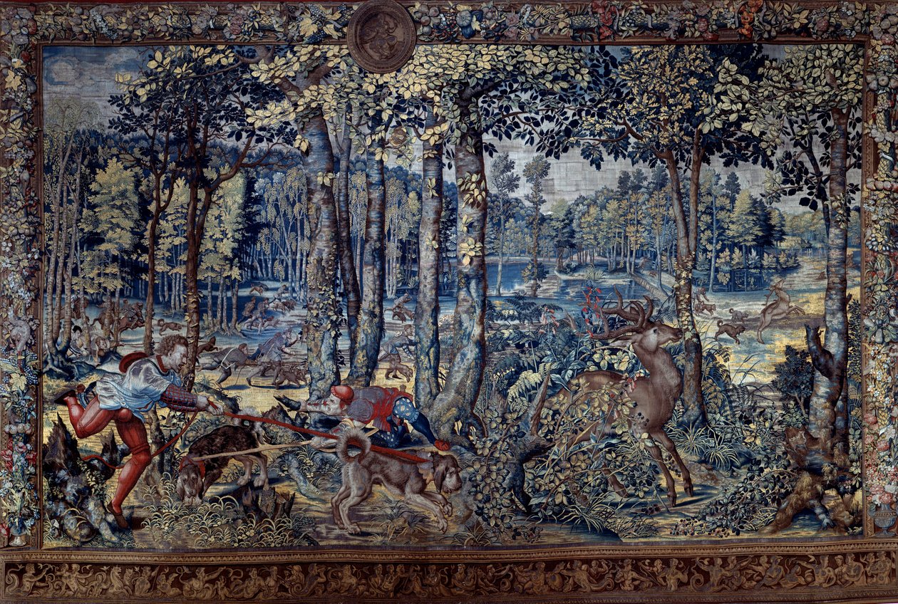 Upphängning av jakterna på Maximilian känd som "" Beautiful hunts of Guise"": August, Jungfrun, Rådjursjakten, kläckerierna - Gobeläng av Bernard van Orley (Barend, Barent, Bernaert van Brussel av Bernard van (after) Orley