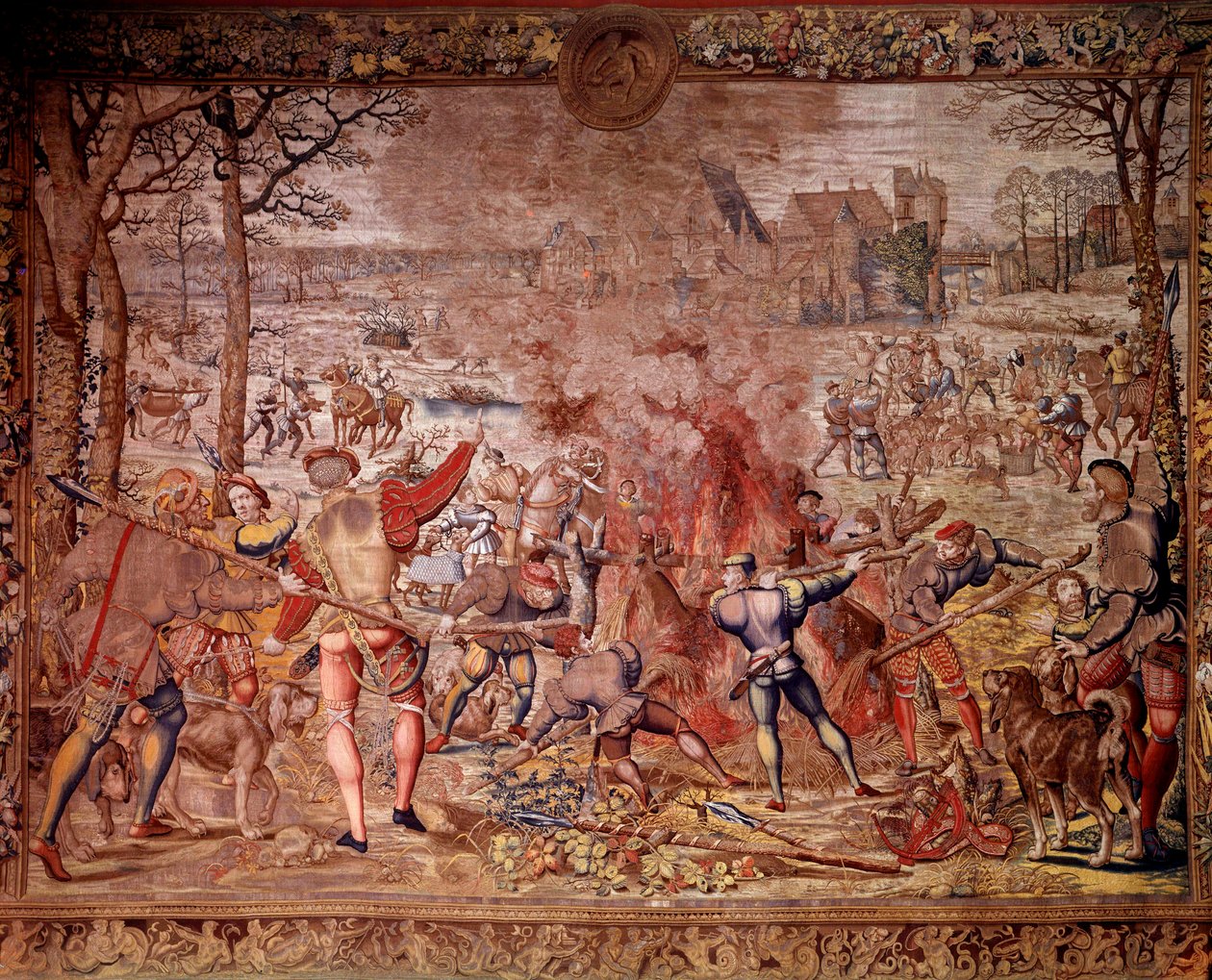 Maximiliens jakter kallade "Beautiful hunts of Guise": januari månad, Vattumannen, vildsvinsjakt, flambee, kure - Gobeläng tillverkad i de flamländska verkstäderna av Bernard van Orley (Barend, Barent, Bernaert van Brussel av Bernard van (after) Orley