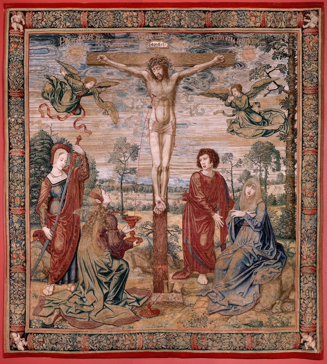 flamländsk gobeläng. Serien Dais of Charles V (Baldachin of Margaret of Austria). Barmhärtighetens Kristus (Cristo de la Misericordia). Gobelängpanel bakom läktaren. Modell Bernard van Orley (1491-1542). Tillverkning Pieter de Pannemaker, Bryssel. 1518-152 av Bernard van Orley