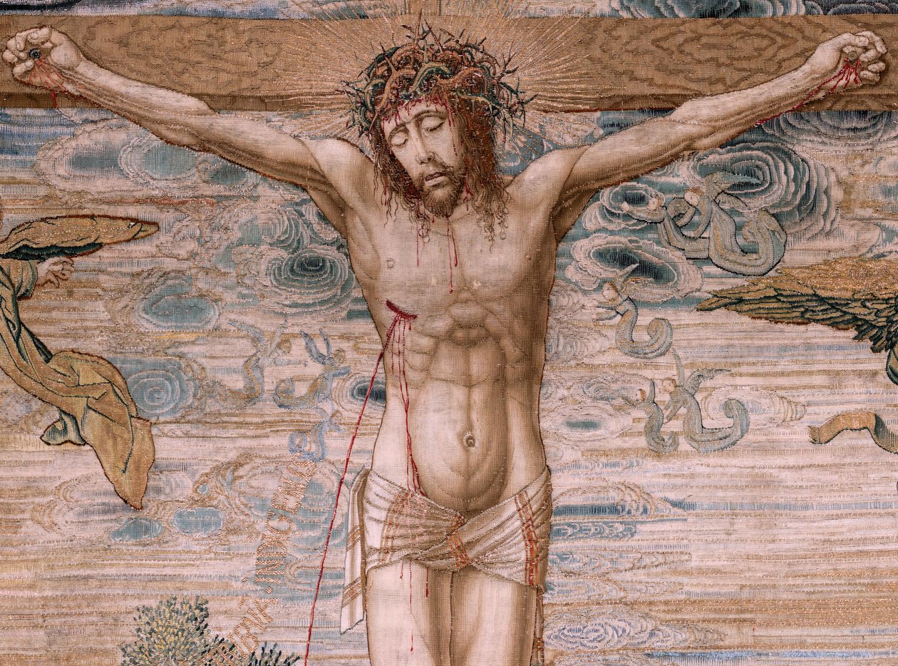 flamländsk gobeläng. Serien Dais of Charles V (Baldachin of Margaret of Austria). Barmhärtighetens Kristus (Cristo de la Misericordia). Gobelängpanel bakom läktaren. Modell Bernard van Orley (1491-1542). Tillverkning Pieter de Pannemaker, Bryssel. 1518-152 av Bernard van Orley
