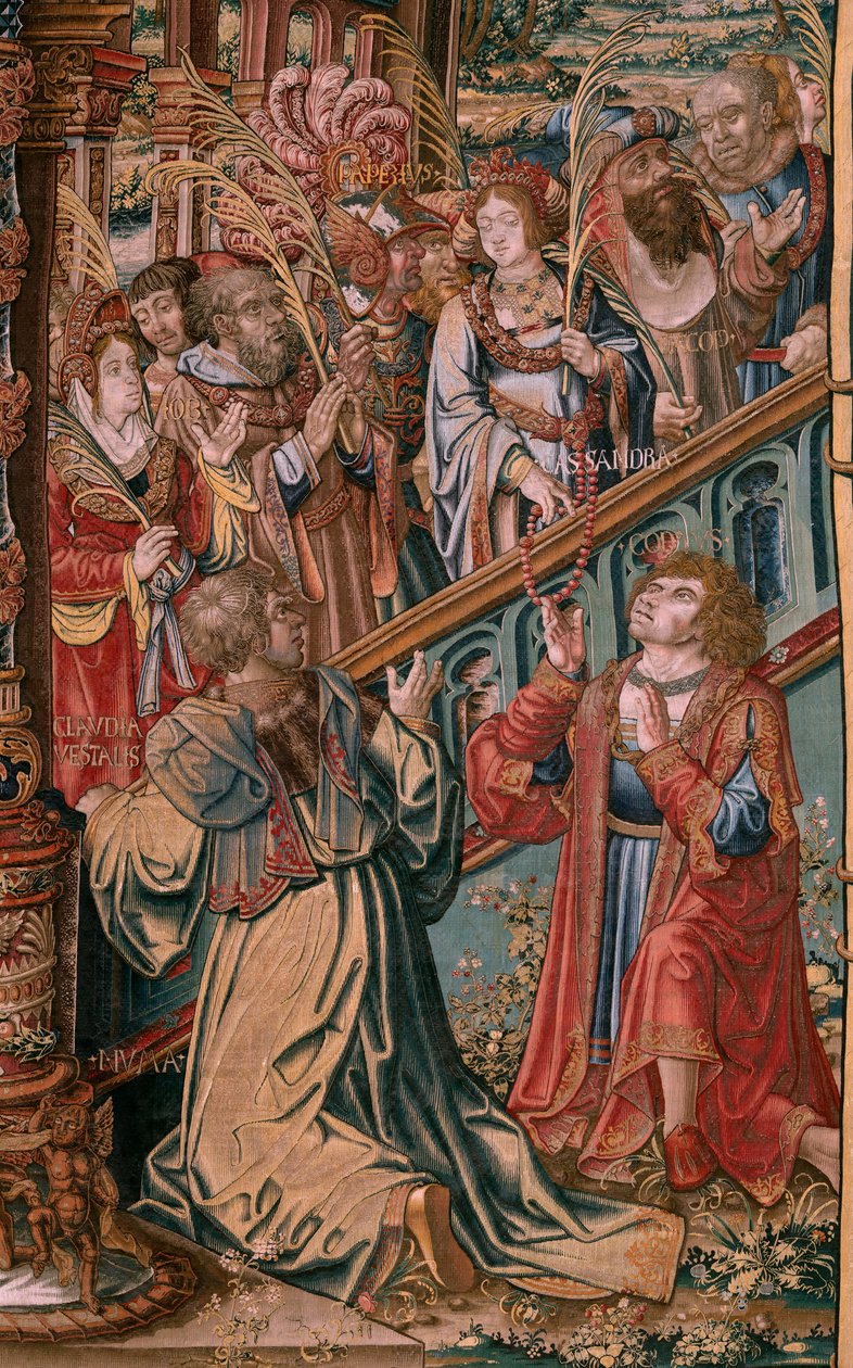 flamländsk gobeläng. Serien The Honours. Tro (La Fe). Första gobelängen i serien. Modelltecknare från Bernard van Orleys och Jan Gossaerts krets (Mabuse). Tillverkning Pieter van Aelst, Bryssel. Ca 1550. Tyg Guld, silver, siden och ull. av Bernard van Orley