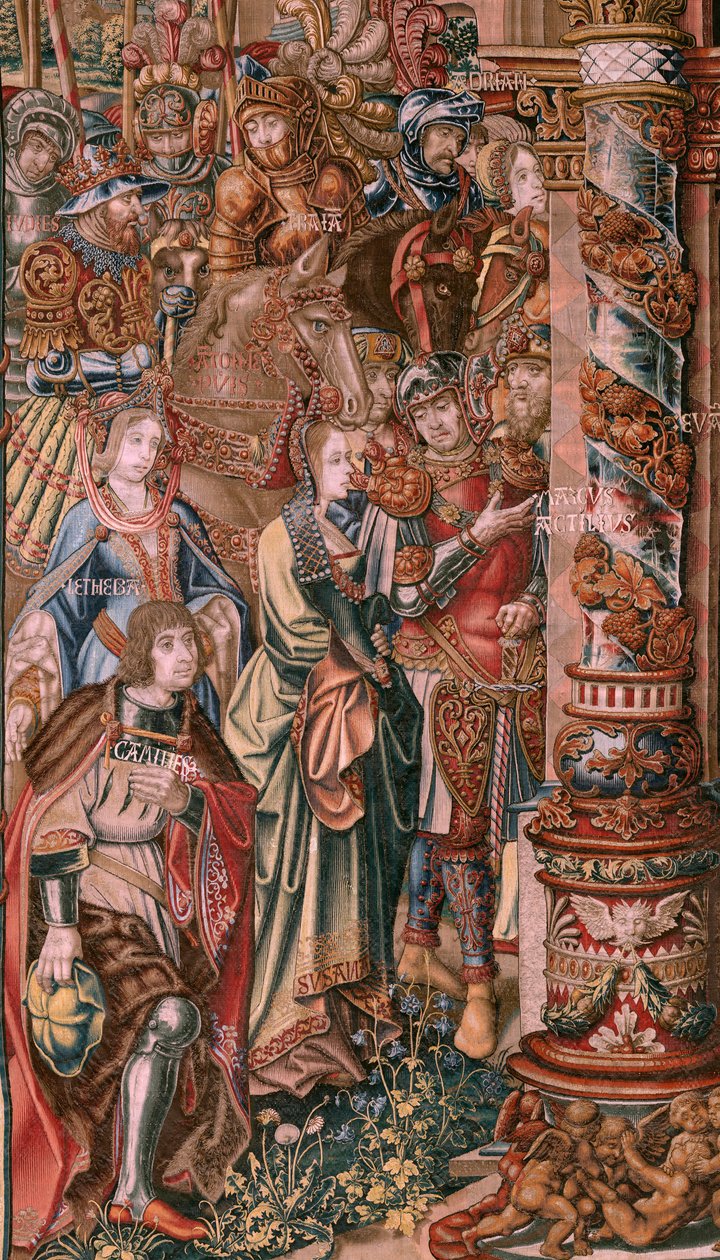 flamländsk gobeläng. Serien The Honours. Tro (La Fe). Första gobelängen i serien. Modelltecknare från Bernard van Orleys och Jan Gossaerts krets (Mabuse). Tillverkning Pieter van Aelst, Bryssel. Ca 1550. Tyg Guld, silver, siden och ull. av Bernard van Orley