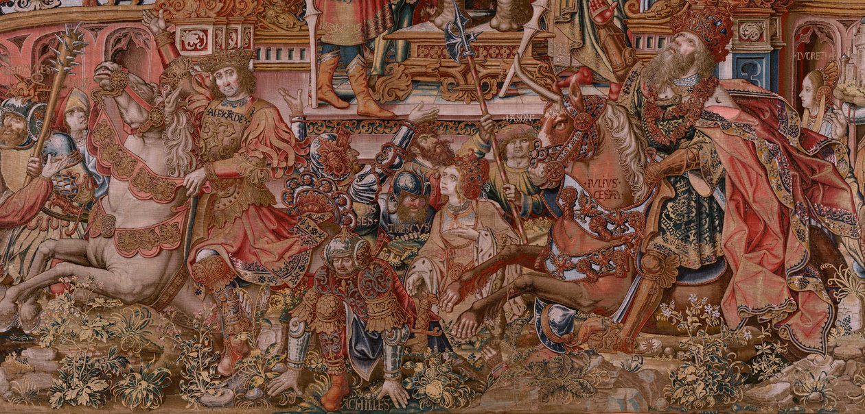 flamländsk gobeläng. Serien The Honours. Fame (La Fama). Tredje tapeten i serien. Modelltecknare från Bernard van Orleys och Jan Gossaerts krets (Mabuse). Tillverkning Pieter van Aelst, Bryssel. Ca 1550. Tyg Guld, silver, siden och ull. av Bernard van Orley